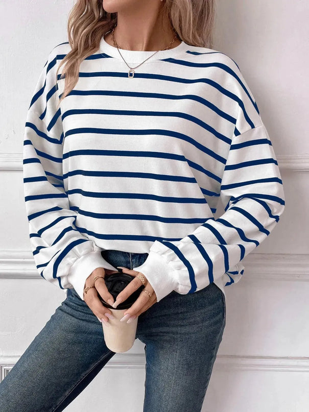 Chic Striped Round Neck Long Sleeve Sweatshirt