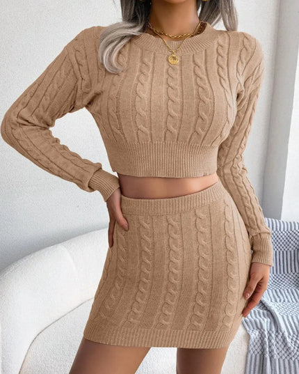 Cable-Knit Sweater Dress Set with Round Neck Top and Skirt