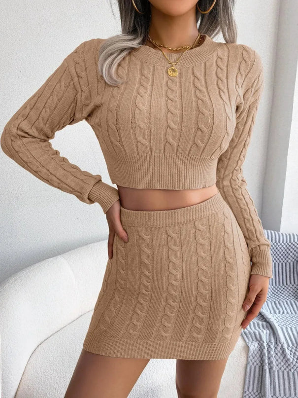 Cable-Knit Sweater Dress Set with Round Neck Top and Skirt