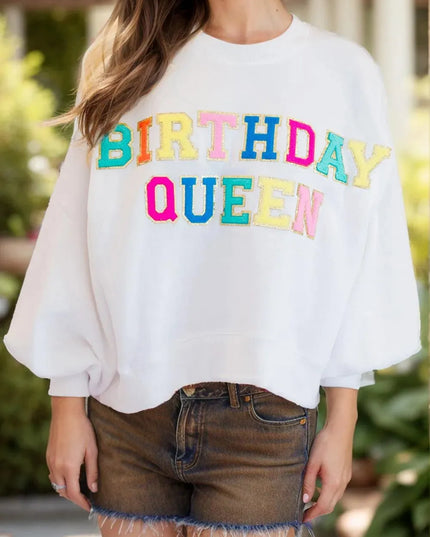 BIRTHDAY QUEEN Sequin Round Neck Long Sleeve Sweatshirt - ShopEasier