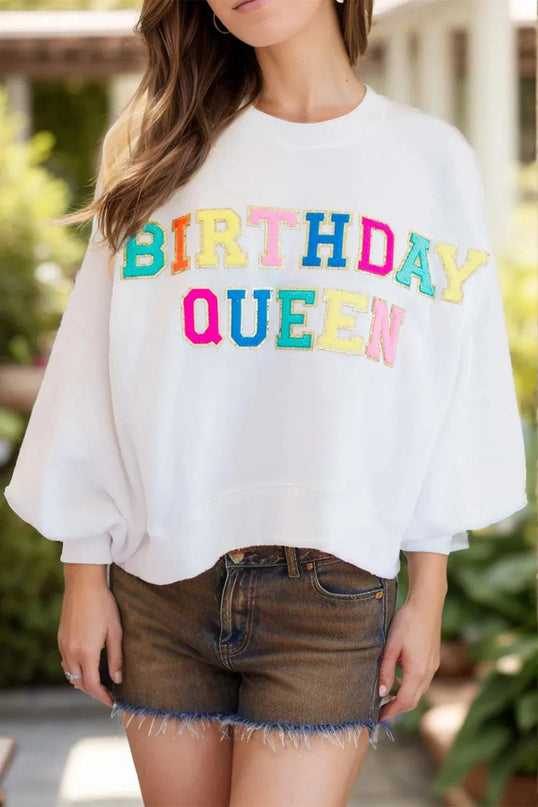 BIRTHDAY QUEEN Sequin Round Neck Long Sleeve Sweatshirt - ShopEasier