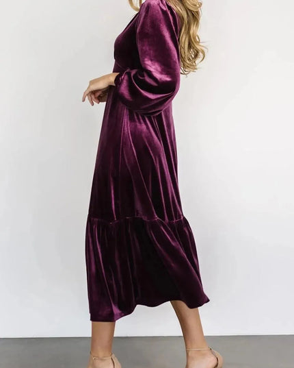 V-Neck Long Sleeve Midi Velvet Dress