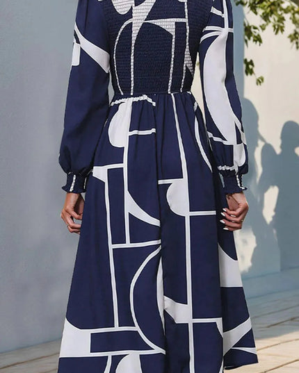 Perfee Smocked Color Block Long Sleeve Midi Dress - ShopEasier