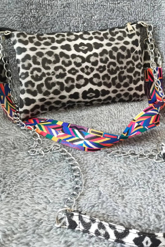 Bolso de hombro elegante de piel sintética con estampado de leopardo y cuadros escoceses con tachuelas