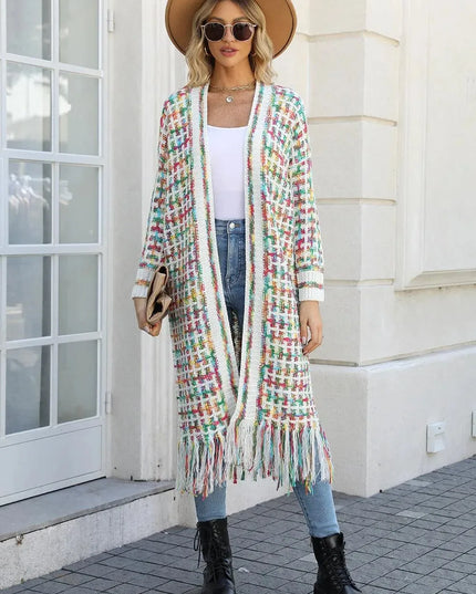 Angel Wings Full Size Multicolored Open Front Fringe Hem Cardigan - ShopEasier