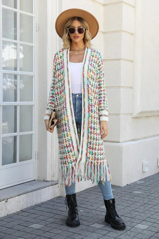 Angel Wings Full Size Multicolored Open Front Fringe Hem Cardigan - ShopEasier