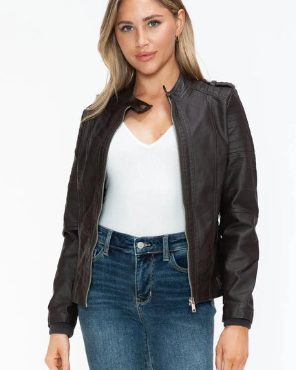 Snobbish PU Leather Biker Jacket with Side Zip Pockets - ShopEasier