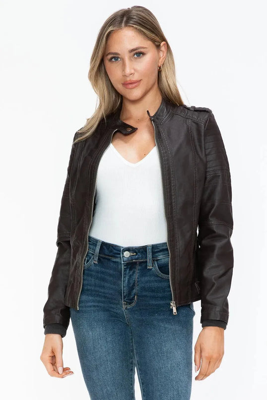 Snobbish PU Leather Biker Jacket with Side Zip Pockets - ShopEasier