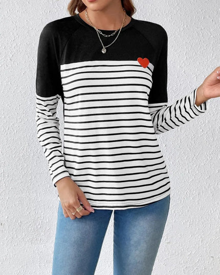 Contrast Striped Long Sleeve Round Neck Tee