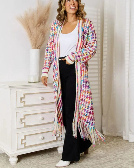 Angel Wings Full Size Multicolored Open Front Fringe Hem Cardigan - ShopEasier