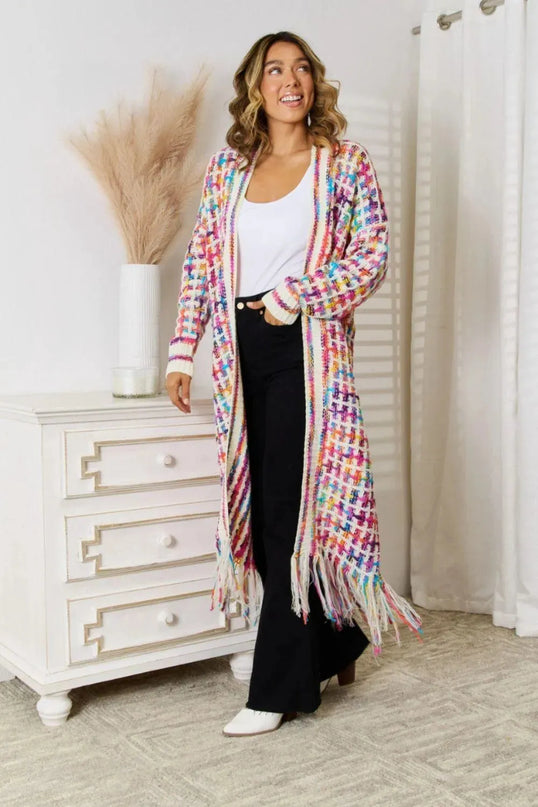 Angel Wings Full Size Multicolored Open Front Fringe Hem Cardigan - ShopEasier