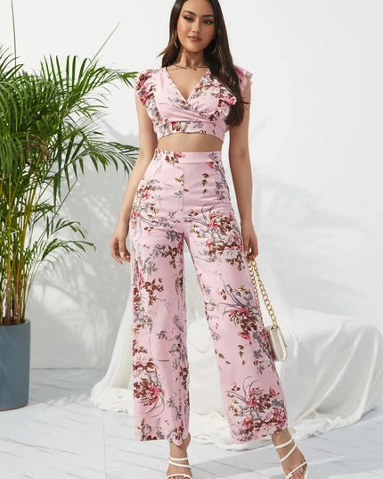 Honey Printed Surplice Cap Sleeve Top and Pants Set - ShopEasier