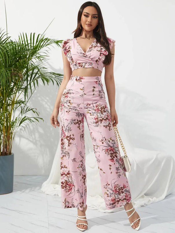 Honey Printed Surplice Cap Sleeve Top and Pants Set - ShopEasier