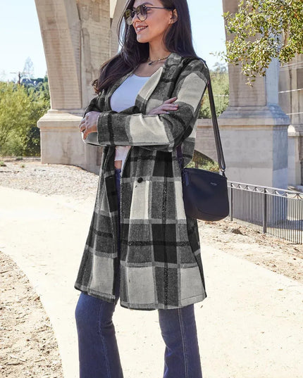 Plaid Button-Up Lapel Coat with Pockets - Full Size Double Take Design