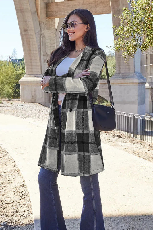 Plaid Button-Up Lapel Coat with Pockets - Full Size Double Take Design