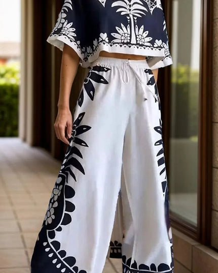 Printed Half Sleeve Top and Wide Leg Pants Set - ShopEasier