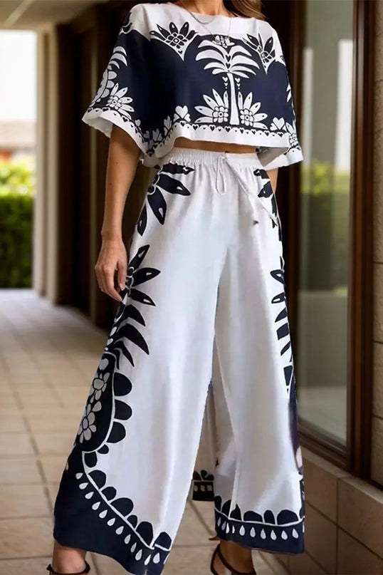 Printed Half Sleeve Top and Wide Leg Pants Set - ShopEasier