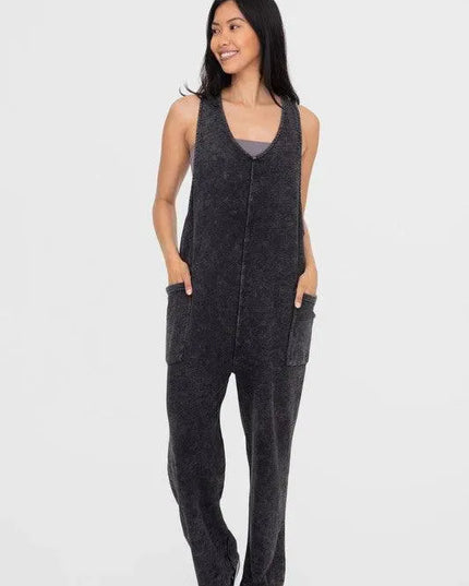 Mono B Mineral-Washed V Neck Overalls with Pockets - ShopEasier