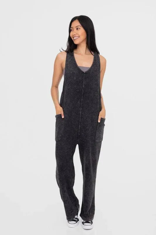 Mono B Mineral-Washed V Neck Overalls with Pockets - ShopEasier