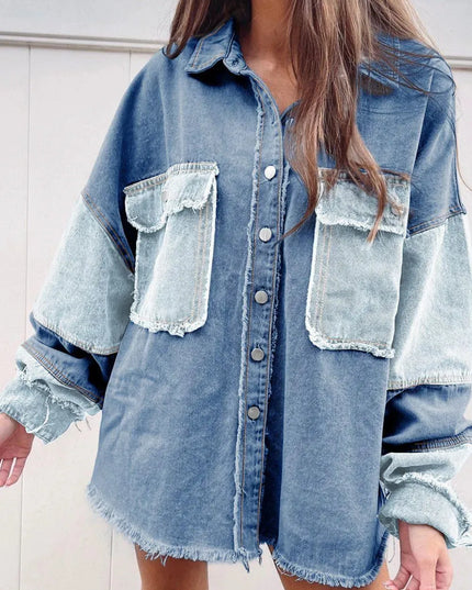 Raw Hem Color Block Denim Jacket - ShopEasier