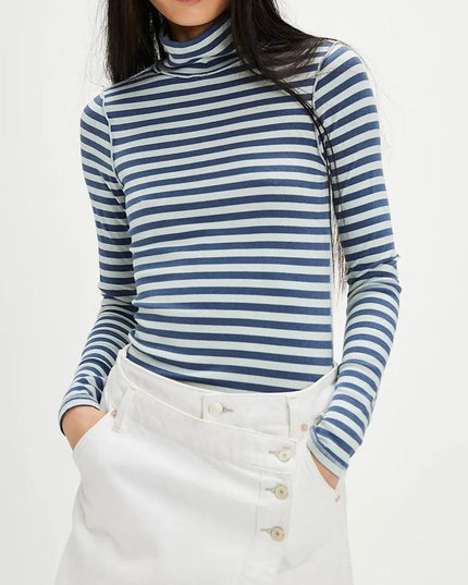 Striped Turtleneck Long Sleeve Tee with Exposed Seams