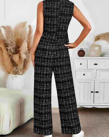 Plaid V-Neck Button-Up Vest and Trousers Ensemble