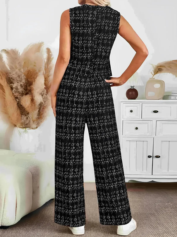 Plaid V-Neck Button-Up Vest and Trousers Ensemble