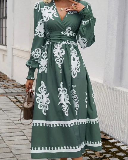 Devine Printed Surplice Lantern Sleeve Midi Dress