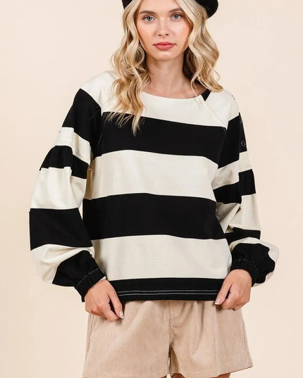 Chic Striped Long Sleeve T-Shirt with Snap Shoulder Detail