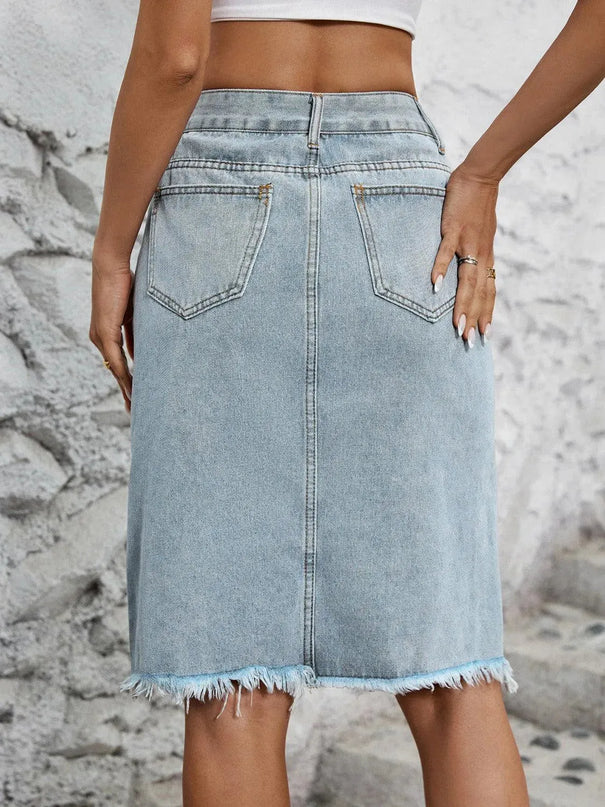 Raw Hem Slit Denim Skirt - ShopEasier