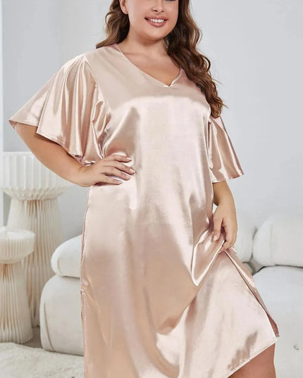 Plus Size Flutter Sleeve V-Neck Side Slit Night Gown