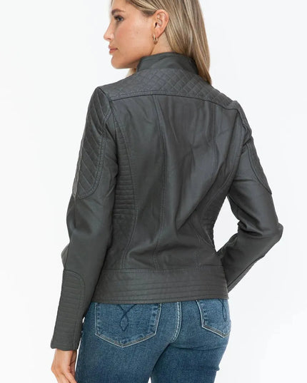 Snobbish Faux Leather Zip Up Mock Neck Jacket - ShopEasier