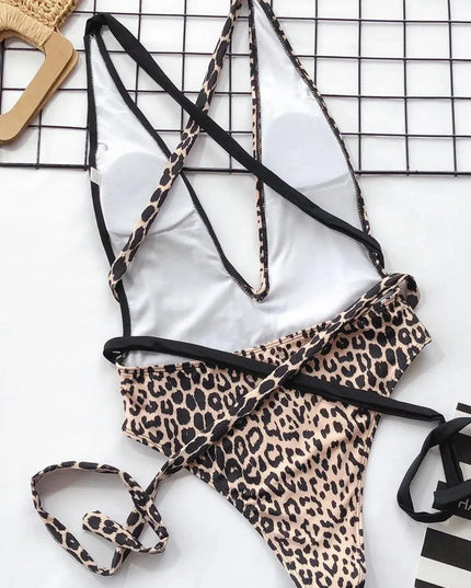 Tied Leopard Plunge One-Piece Swimwear