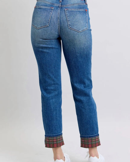 Judy Blue Full Size Plaid Print Cuff Straight Leg Jeans with Pockets - ShopEasier