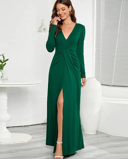 V-Neck Long Sleeve Split Dress - ShopEasier