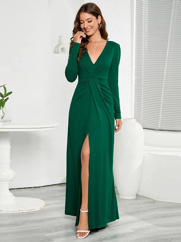 V-Neck Long Sleeve Split Dress - ShopEasier