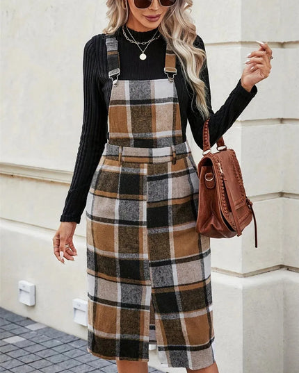 Slit Plaid Wide Strap Overall Dress - ShopEasier