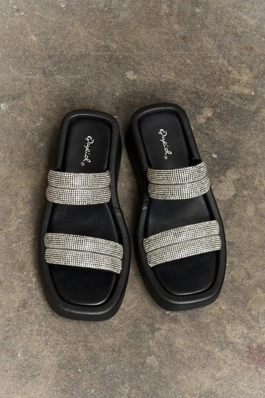 Sandalias de cuña de doble banda con diamantes de imitación para una elegancia veraniega