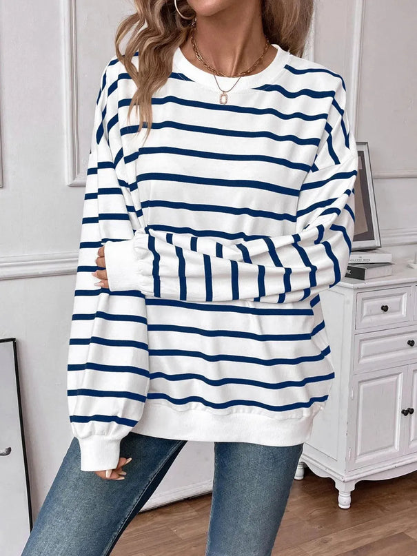 Chic Striped Round Neck Long Sleeve Sweatshirt