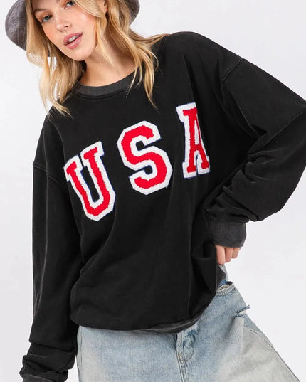 USA Letter Patch Classic Round Neck Sweatshirt by SAGE + FIG