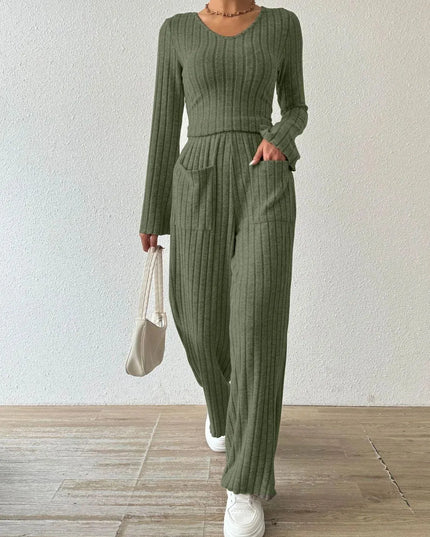 V-Neck Ribbed Long Sleeve Top with Pocketed Trousers Set