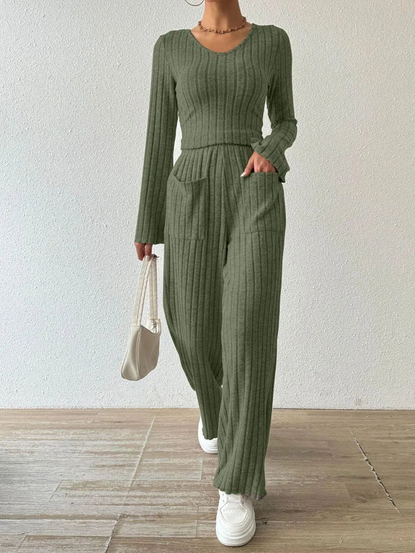 V-Neck Ribbed Long Sleeve Top with Pocketed Trousers Set