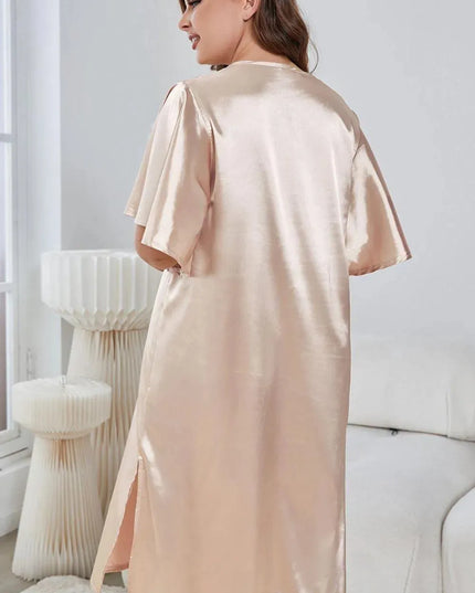 Plus Size Flutter Sleeve V-Neck Side Slit Night Gown