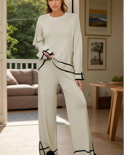 Cozy High-Low Sweater Set with Round Neck and Pants