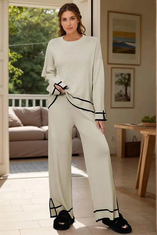 Cozy High-Low Sweater Set with Round Neck and Pants