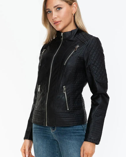 Snobbish Faux Leather Zip Up Mock Neck Jacket - ShopEasier