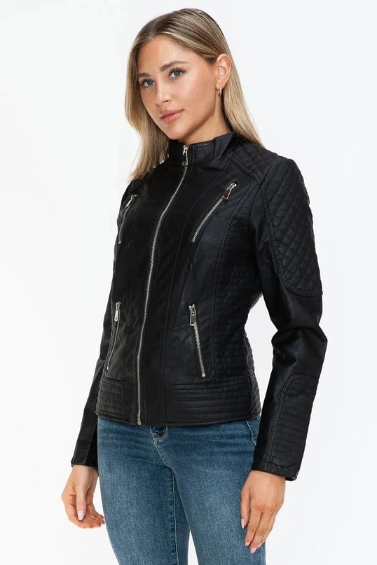 Snobbish Faux Leather Zip Up Mock Neck Jacket - ShopEasier