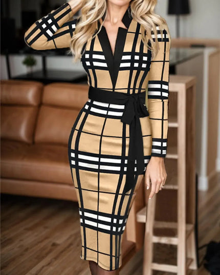 Plus Size Plaid V-Neck Long Sleeve Wrap Dress