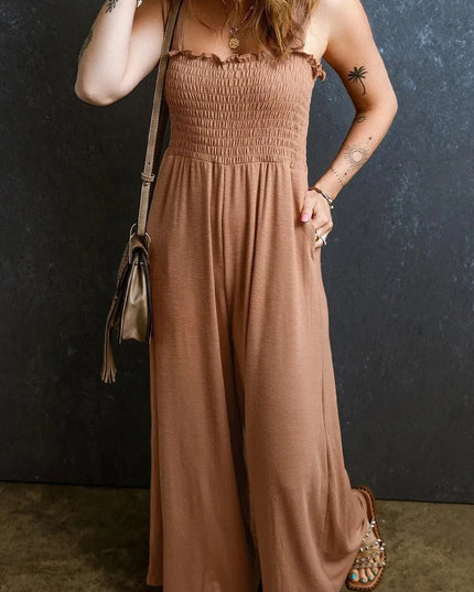 Frill Smocked Wide Leg Jumpsuit - ShopEasier