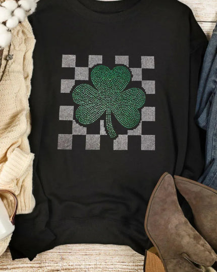 Rhinestone-Embellished Checkered Clover Crewneck Sweatshirt